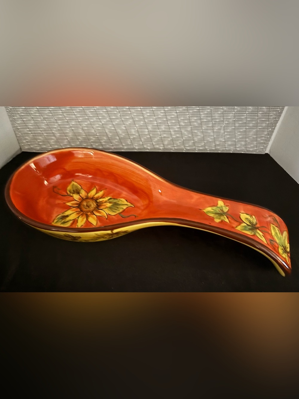 Beautiful Maxcera Orange Rooster Spoon Rest features a Sunflower w/Leaf Pattern